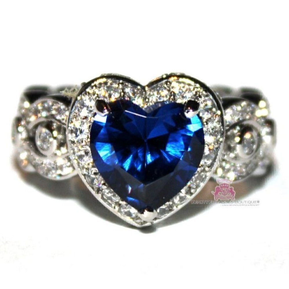 Heart for Jerusalem Deep Sapphire Blue Cz 18K White Gold Plated Cocktail Ring 6